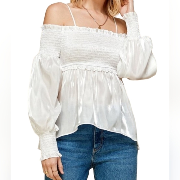 Off the Shoulder Long Sleeve Blouse Smocked White Spaghetti Strap New - Picture 1 of 14